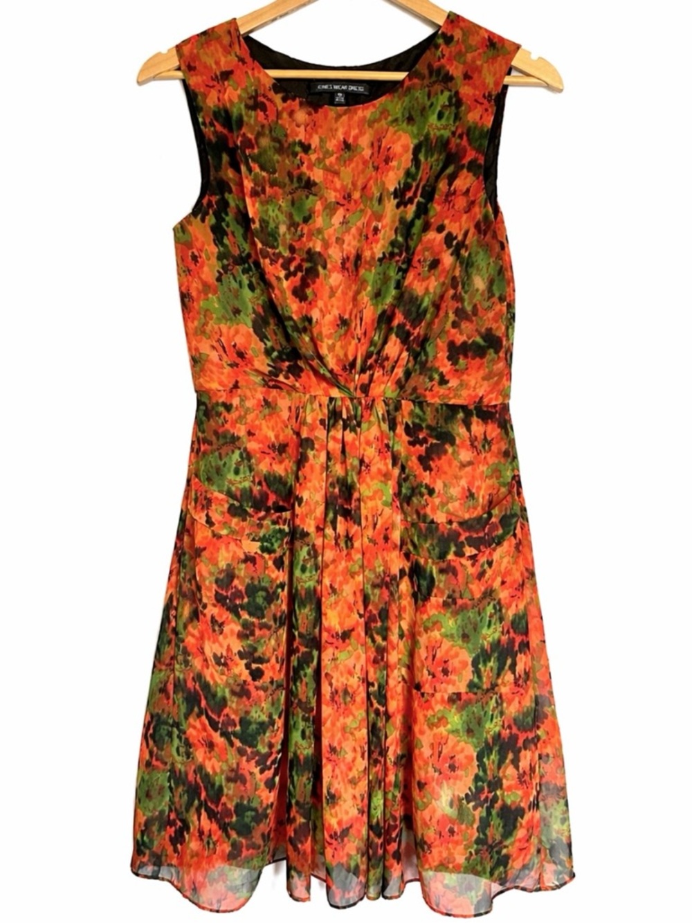 Abstract Print Fit & Flare Midi Dress Pockets Chiffon Colorful Size 10